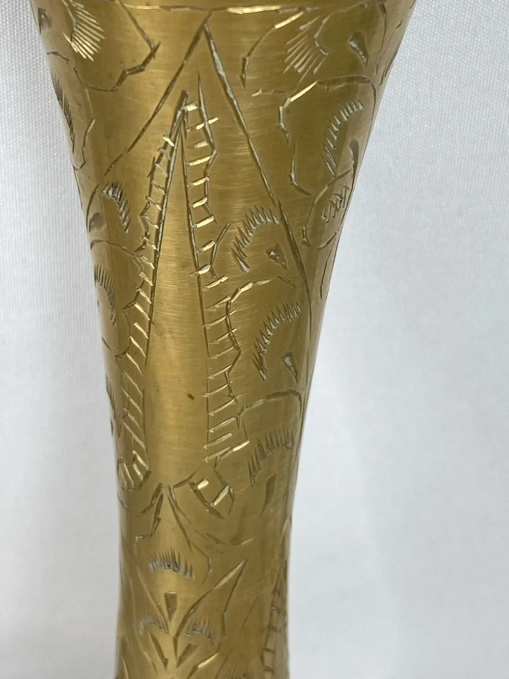 Vintage Brass Vase Etched Floral Mid Century Boho India 8.25”